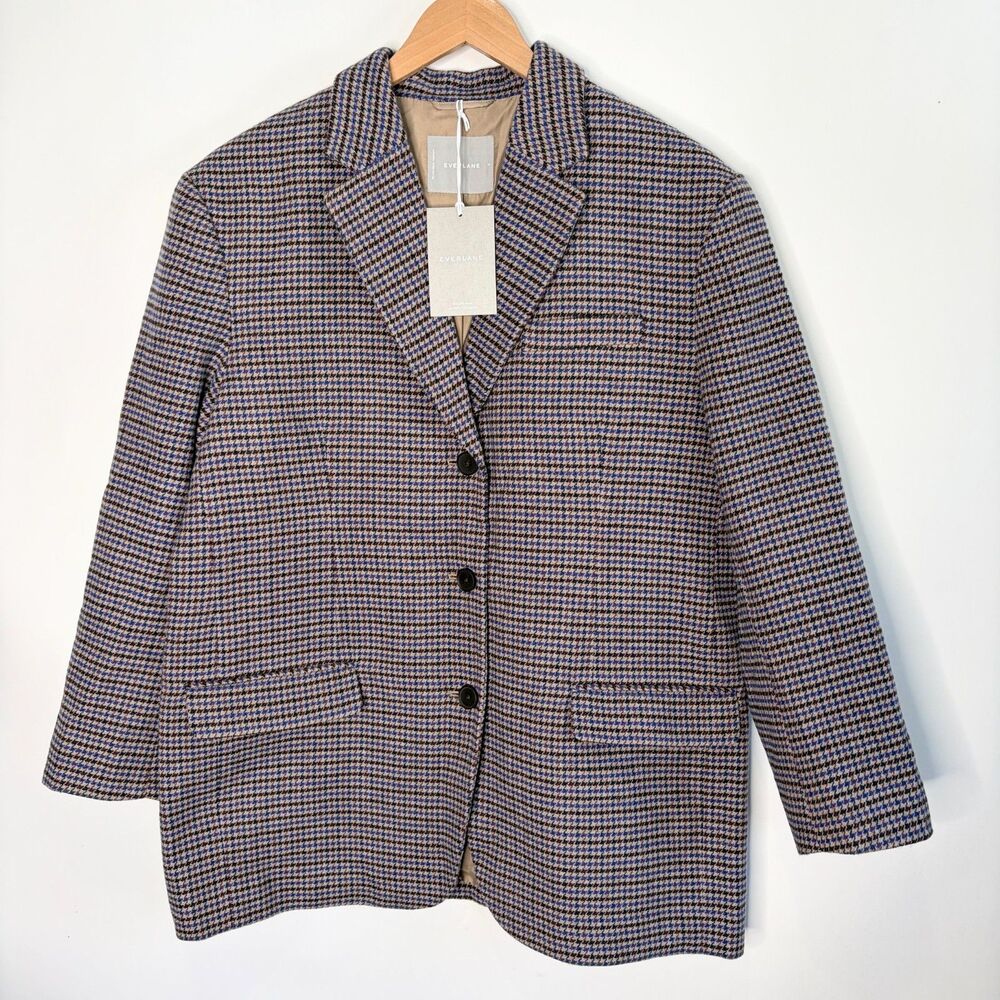 Everlane Blazer Oversized Houndstooth Wool Blend Blue Tan 3 Button Women 14 NWT